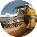 Kulatý jedlý obrázek na dort – Kombajn, žlutý New Holland v obilí (žlutá, modrá, hnědá)