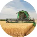 Kulatý jedlý obrázek na dort – Kombajn, zelený sklízecí v pšenici (zelená, žlutá, modrá)