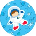 Kulatý jedlý obrázek na dort – Kosmonaut, chlapec se žlutou hvězdičkou (modrá, bílá, červená)