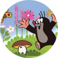 Kulatý jedlý obrázek na dort – Krteček, s otevřenou náručí na louce (zelená, modrá, černá)