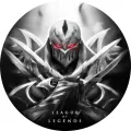 Kulatý jedlý obrázek na dort – League of Legends, Zed s rudýma očima (černá, bílá, červená)