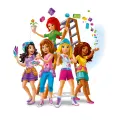Kulatý jedlý obrázek na dort – LEGO Friends, Dívky se štaflemi a kostičkami (růžová, modrá, bílá)