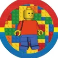 Kulatý jedlý obrázek na dort – LEGO, panáček v červeném tričku a mozaika (žlutá, červená, modrá)