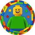 Kulatý jedlý obrázek na dort – LEGO, panáček v zeleném a věnec z kostek (modrá, zelená, žlutá)