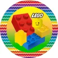 Kulatý jedlý obrázek na dort – LEGO, Kostičky (žlutá, červená, modrá)