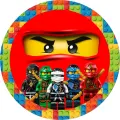 Kulatý jedlý obrázek na dort – LEGO Ninjago, červená maska a lem z kostek (červená, modrá, zelená)
