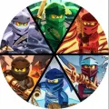 Kulatý jedlý obrázek na dort – LEGO Ninjago, 6 ninjů v barevných výsečích (zelená, červená, modrá)