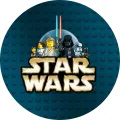 Kulatý jedlý obrázek na dort – LEGO, Star Wars, Luke, Darth Vader a Leia (modrá, černá, žlutá)
