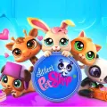 Kulatý jedlý obrázek na dort – Littlest Pet Shop, parta s logem a srdíčky (modrá, růžová, tyrkysová)