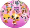 Kulatý jedlý obrázek na dort – Littlest Pet Shop, zvířátka na růžovém pozadí (růžová, žlutá, fialová)