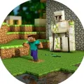Kulatý jedlý obrázek na dort – Minecraft, běžící Steve a železný golem (zelená, hnědá, šedá)