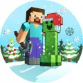 Kulatý jedlý obrázek na dort – Minecraft Vánoce (modrá, zelená, bílá)