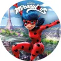Kulatý jedlý obrázek na dort – Miraculous, Beruška nad Eiffelovou věží (červená, modrá, černá)