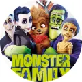 Kulatý jedlý obrázek na dort – Monster Family, rodina s netopýrem a nápis (zelená, fialová, hnědá)