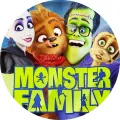Kulatý jedlý obrázek na dort – Monster Family, usměvavá rodinka s nápisem (zelená, modrá, hnědá)