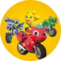 Kulatý jedlý obrázek na dort – Motorky, animovaná parta na žlutém pozadí (žlutá, červená, modrá)