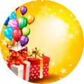 Kulatý jedlý obrázek na dort – Narozeniny, Happy Birthday (žlutá, červená, modrá)