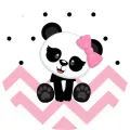 Kulatý jedlý obrázek na dort – Panda, mládě s mašlí a chevron vzorem (růžová, bílá, černá)