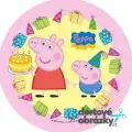 Kulatý jedlý obrázek na dort – Prasátko Peppa, Peppa s dortem a Tomík (růžová, žlutá, modrá)