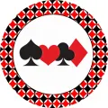 Kulatý jedlý obrázek na dort – Poker, karty, symboly s geometrickým lemem (černá, červená, bílá)