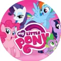 Kulatý jedlý obrázek na dort – Můj malý pony, parta a velké logo se srdíčky (růžová, fialová, modrá)