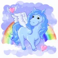 Kulatý jedlý obrázek na dort – Můj malý pony, modrý pegas a duha s mráčky (modrá, fialová, růžová)