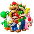 Kulatý jedlý obrázek na dort – Super Mario, herní družina s Bowserem na bílém (červená, zelená, modrá)