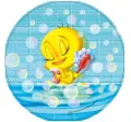 Kulatý jedlý obrázek na dort – Kuřátko Tweety, ve vaně s bublinami (modrá, žlutá, tyrkysová)
