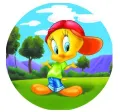 Kulatý jedlý obrázek na dort – Kuřátko Tweety, v kšiltovce a džínách (žlutá, modrá, zelená)