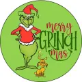 Kulatý jedlý obrázek na dort – Grinch, Vánoce: se psem Maxem a nápisem (zelená, červená, žlutá)