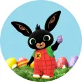 Kulatý jedlý obrázek na dort – Bing, Velikonoce s vajíčky a modrou oblohou (modrá, červená, zelená)
