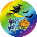 Kulatý jedlý obrázek na dort – Happy Halloween (duhová, černá, žlutá)