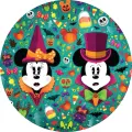 Kulatý jedlý obrázek na dort – Mickey a Minnie, Halloween na tyrkysovém pozadí (tyrkysová, fialová, černá)