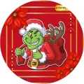 Kulatý jedlý obrázek na dort – Grinch, Vánoce: s pytlem a zvednutým palcem (červená, zelená, zlatá)