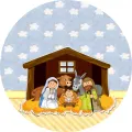 Kulatý jedlý obrázek na dort – Ježíšek, Betlém (modrá, hnědá, žlutá)