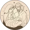 Kulatý jedlý obrázek na dort – Ježíšek, Svatá rodina v jesličkách (hnědá, bílá)