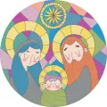 Kulatý jedlý obrázek na dort – Ježíšek, Svatá rodina ve vitráži (modrá, žlutá, zelená)