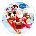 Kulatý jedlý obrázek na dort – Mickey a spol., Na sáních (červená, modrá, bílá)