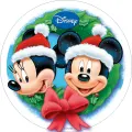 Kulatý jedlý obrázek na dort – Mickey a Minnie, vánoční věnec a sníh (červená, zelená, modrá)