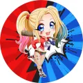Kulatý jedlý obrázek na dort – Harley Quinn, chibi styl a komiksové pozadí (červená, modrá, černá)
