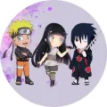 Kulatý jedlý obrázek na dort – Naruto, chibi styl s Hinatou a Sasukem (fialová, černá, žlutá)