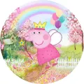 Kulatý jedlý obrázek na dort – Prasátko Peppa, víla s hůlkou a duhou (růžová, zelená, žlutá)