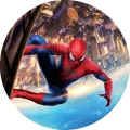 Kulatý jedlý obrázek na dort – Spiderman, let nad obráceným městem (červená, modrá)