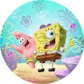 Kulatý jedlý obrázek na dort – SpongeBob, s Patrikem a palcem nahoru (tyrkysová, žlutá, růžová)