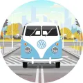 Kulatý jedlý obrázek na dort – Volkswagen Van T1 (modrá, bílá, šedá)