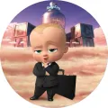 Kulatý jedlý obrázek na dort – Mimi šéf, s kufříkem a budovou Baby Corp (černá, modrá, růžová)