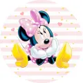 Kulatý jedlý obrázek na dort – Minnie, sedící se žlutými lodičkami (růžová, bílá, žlutá)