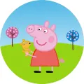 Kulatý jedlý obrázek na dort – Prasátko Peppa, s medvídkem Teddym na louce (modrá, zelená, růžová)