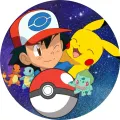 Kulatý jedlý obrázek na dort – Pokémon, Ash, Charmander, Squirtle a vesmír (modrá, žlutá, červená)