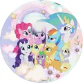 Kulatý jedlý obrázek na dort – Můj malý pony, parta a princezna Celestia (růžová, fialová, modrá)